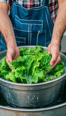 Wall Mural - A person washing fresh lettuce in a large bowl of water.