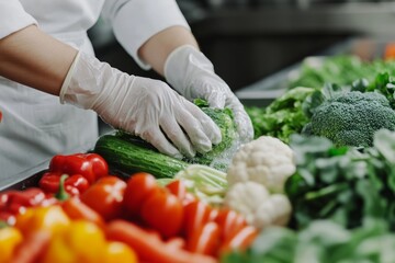 Wall Mural - A person washing fresh vegetables in a kitchen setting.