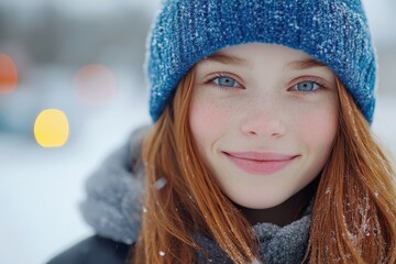 A close-up of a happy girl with red hair and blue eyes, wearing a blue hat, smiling warmly against a snowy background, embracing the winter season.