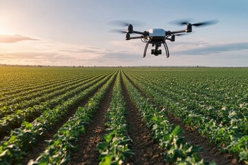 A drone hovers over a vast, sunlit agricultural field with neatly planted rows as the sun sets on the horizon, representing modern farming technology.