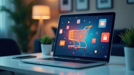 a laptop displaying a digital shopping cart icon surrounded by security and social media symbols on 