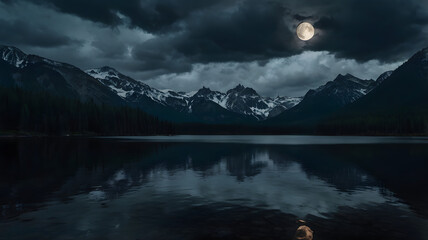  Mountain landscape at a lake with a dark cloudy night sky with the full moon lighting up the sky as the water reflects the area, nature background scenery