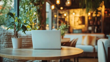 Poster - A laptop rests on a wooden table in a charming café, bathed in warm light and greenery, perfect for work or relaxation. Generative AI