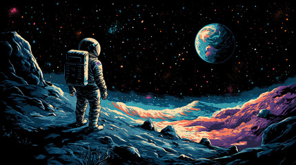 Wall Mural - outer space view with an astronaut and earth visible