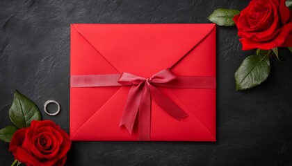 Poster - A red envelope tied with a ribbon, surrounded by roses and a ring.