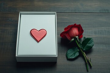 Canvas Print - A red heart-shaped object beside a rose on a wooden surface.