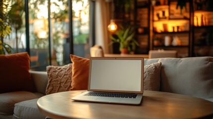 Leinwandbilder - A laptop rests on a wooden table in a cozy room filled with greenery and warm lighting, creating an inviting, productive atmosphere. Generative AI