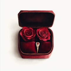 Poster - A red jewelry box with two roses and a ring inside.