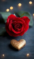 Poster - A red rose and a golden heart-shaped object on a dark background.