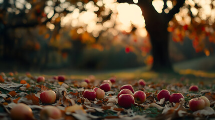 A serene autumn scene featuring fallen apples surrounded by colorful leaves under a tree, capturing the beauty of the season.