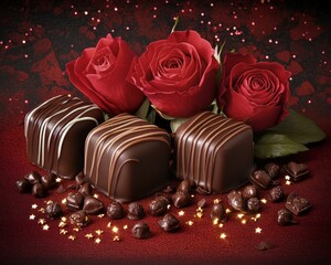 Poster - A romantic arrangement of chocolates and red roses on a decorative background.