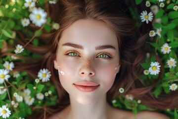 Serene female beauty portrait in a vibrant flower bed, captured on a sunny day, showcasing natural elegance and tranquility