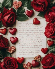 Canvas Print - A romantic arrangement of red roses, heart-shaped decorations, and a letter.