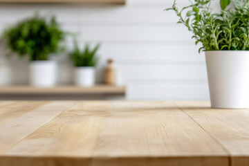 Wall Mural - Kitchen wooden table top and blurred bright kitchen interior background. Mockup for product presentation