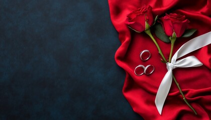 Wall Mural - A romantic arrangement with red roses, wedding rings, and a white ribbon.