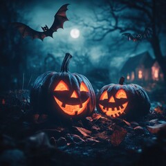 Two pumpkins with carved faces glow in the moonlight-gigapixel-hq-scale-6_00x