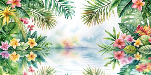 Soft watercolor style background with reflected tropical leaves and flowers