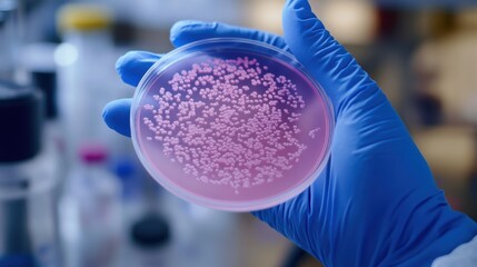 Leinwandbilder - A researcher in a lab conducts an experiment, observing pink bacterial colonies thriving in a petri dish under sterile conditions. Generative AI