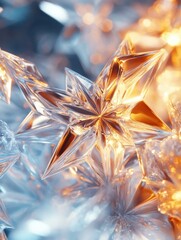Poster - Glowing icy shapes with abstract snowflake designs create a magical atmosphere in a wintery landscape. Generative AI