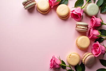 flat lay assortment macarons with roses copy space