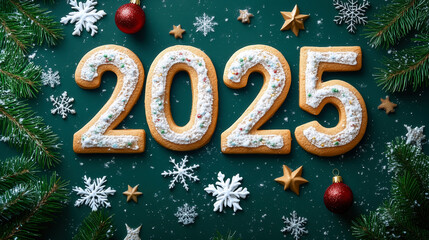 Wall Mural - 2025 New Year Cookie Number on Christmas Green Background