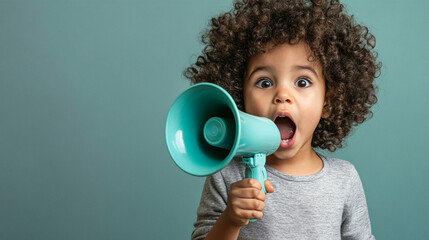 Young Girl with Curly Hair Shouting into Megaphone on Blue Background