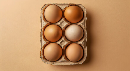 Paper container with chicken eggs on beige background. Space for text. The concept of proper nutrition. .