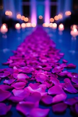 Canvas Print - A romantic setting with pink rose petals leading to softly lit candles.