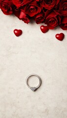 Poster - A romantic setup featuring a ring and red roses, perfect for proposals.