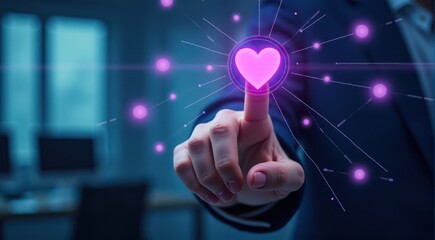 A person's finger touches a glowing, digital heart icon, symbolizing technology and emotions in a modern office setting.