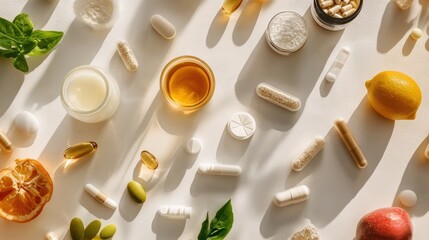 Poster - Scattered on a white surface, various vitamins, supplements, and nutritious foods showcase a vibrant commitment to health and wellness. Generative AI
