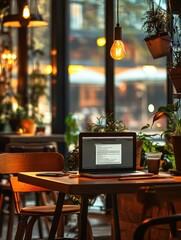 Poster - A laptop sits on a wooden table beside a coffee cup, illuminated by soft light in a plant-filled café during a cozy afternoon. Generative AI