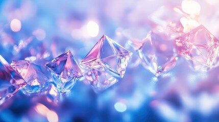 Leinwandbilder - Glowing geometric icy crystals create an enchanting display with reflections shimmering in various colors on a tranquil blue backdrop. Generative AI