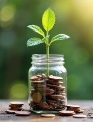 plant growing from jar coins with copy space