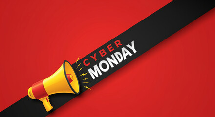 Megaphone advertising Cyber Monday sale announcement on red background for promotional use