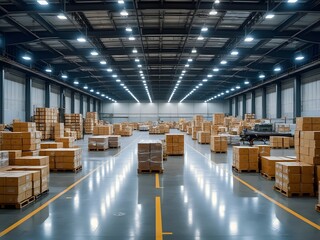 Logistics center warehouse, preparing goods for global shipments. International cargo distribution filled with cardboard boxes