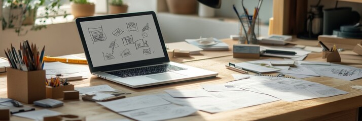Poster - A well-organized workspace featuring a laptop displaying sketches, surrounded by stationery and papers in bright daylight. Generative AI
