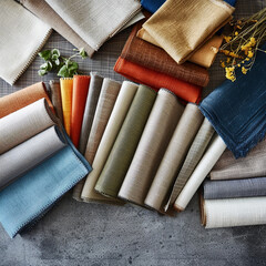 A collection of colorful fabric rolls are displayed on a table