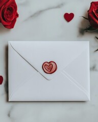 Wall Mural - A sealed white envelope with a heart-shaped wax seal, surrounded by roses.