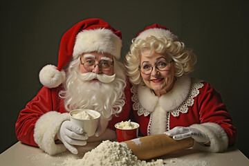 A man and a woman dressed as Santa Claus and Mrs. Claus are preparing a Christmas cake