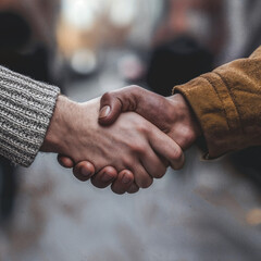 Diverse hands in warm and professional handshake representing trust and agreement against blurred background