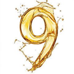 The number 9 elegantly designed from flowing water splashes, with droplets suspended in mid-air and curving lines that showcase the dynamic nature of liquid typography, isolated on a white background