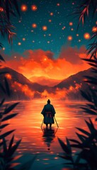 Poster - A serene figure stands in a tranquil lake under a starry sky at sunset.