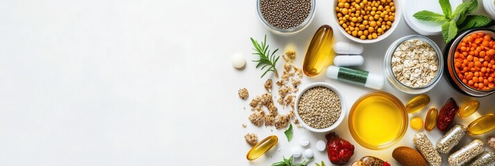 Aufkleber - A colorful mix of vitamins, supplements, and nutritious foods is thoughtfully arranged on a white surface, showcasing health and wellness. Generative AI