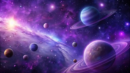 Wall Mural - space background with purple galaxy, planets, and stars in macro view