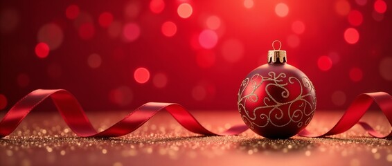 A beautifully decorated red Christmas ornament with an intricate design is placed beside a ribbon on a glittering surface, symbolizing holiday cheer and festive celebration.

