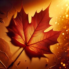 Beautiful autumn maple leaf close up on golden background