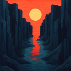 Canvas Print - A serene landscape featuring a sunset over a canyon and reflective water.