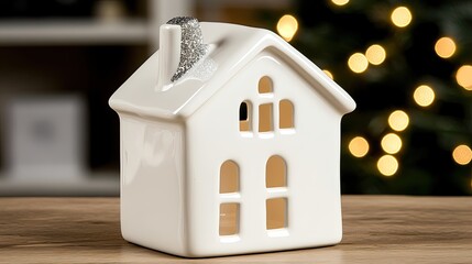 Sticker - The white ceramic house and deer figurine sit on a table, framed by a softly blurred Christmas tree, adding to the festive atmosphere