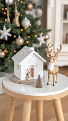 Sticker - The white ceramic house and deer figurine sit on a table, framed by a softly blurred Christmas tree, adding to the festive atmosphere